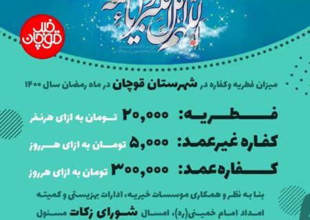 اعلام میزان فطریه و کفاره ماه رمضان در شهرستان قوچان